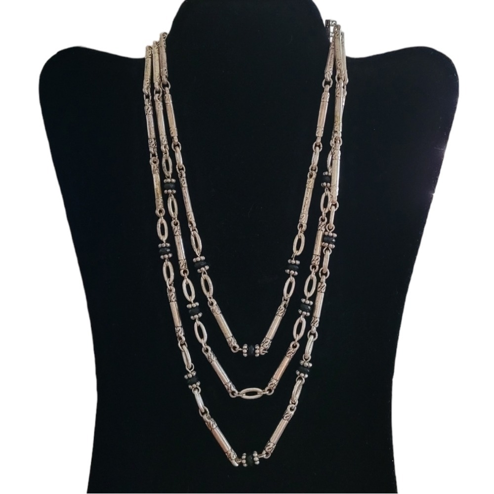 Avon NR Vintage Silver Tone‎ Three Strand Bar Link Necklace Black Onyx Bead